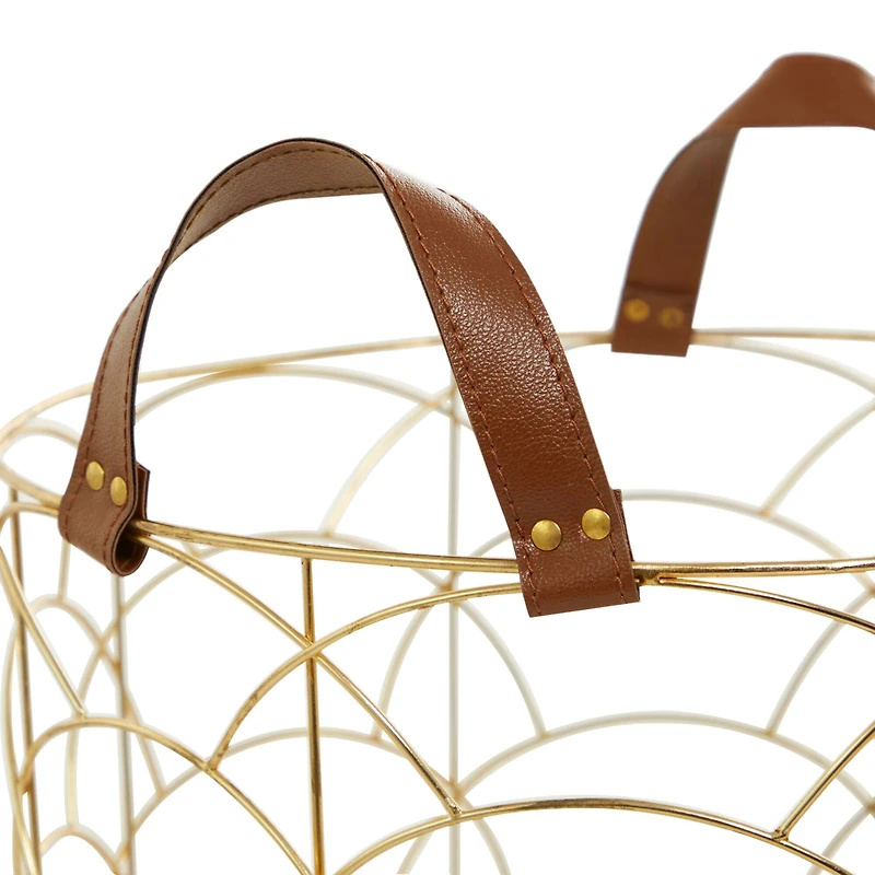 CosmoLiving by Cosmopolitan Gold Metal Storage Basket with Faux Leather Handles Set of 3 16", 14", 12"