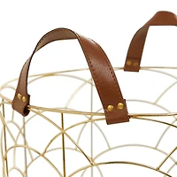 CosmoLiving by Cosmopolitan Gold Metal Storage Basket with Faux Leather Handles Set of 3 16", 14", 12"