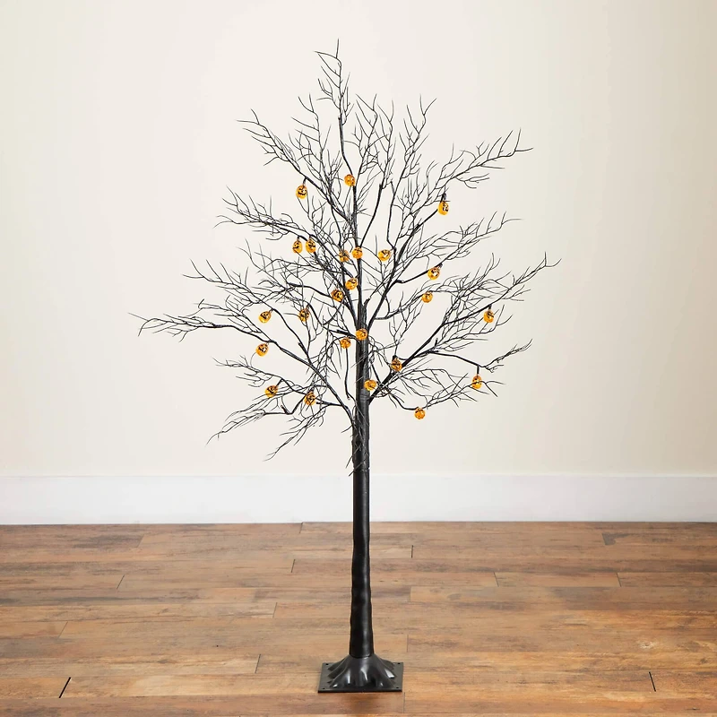 4ft. Pre-Lit Artificial Halloween Black Twig Tree with 24 Orange LED Pumpkin Shaped Lights