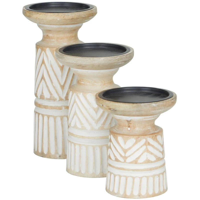 Light Brown Mango Wood Carved Tribal Pillar Candle Holder Set