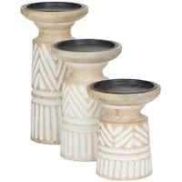 Light Brown Mango Wood Carved Tribal Pillar Candle Holder Set