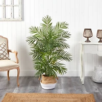 4ft. Areca Artificial Palm in Boho Chic Handmade Cotton & Jute White Woven Planter