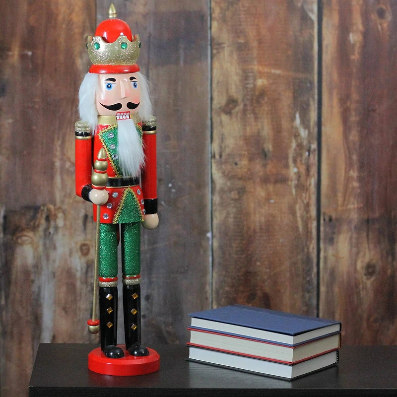 24" Red and Green Wooden Christmas Nutcracker King with Scepter