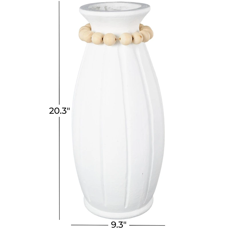 20" White Magnesium Oxide Decorative Vase with Light Brown Beads & Carved Grooves