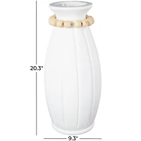 20" White Magnesium Oxide Decorative Vase with Light Brown Beads & Carved Grooves