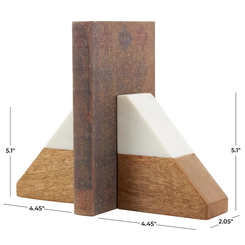 5" Marble & Wood Geometric Triangle Bookends Set