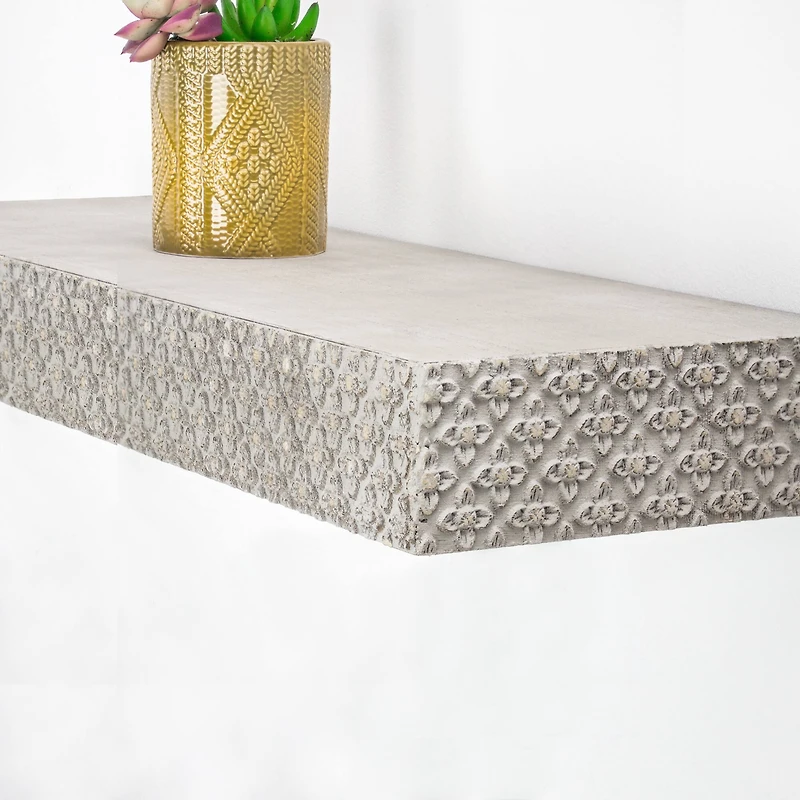 36" Greywashed Rustic Embossed Wood Floating Wall Shelf