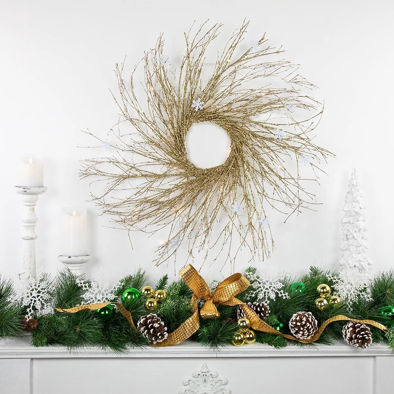 36" Pre-Lit Gold Glittered Twig Wreath with Warm White Lights