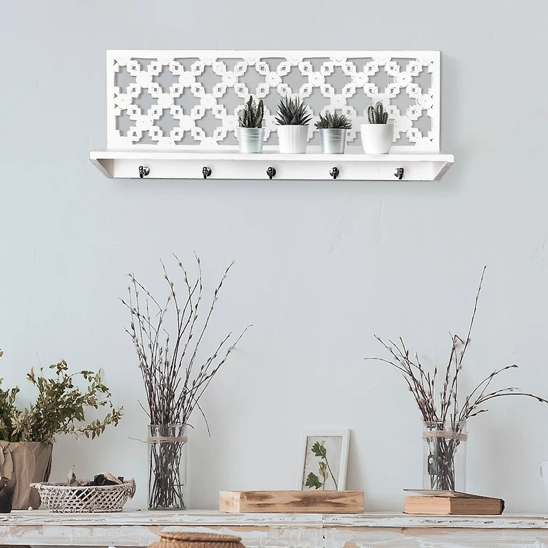 30" White Hand-Carved Floating Wall Shelf