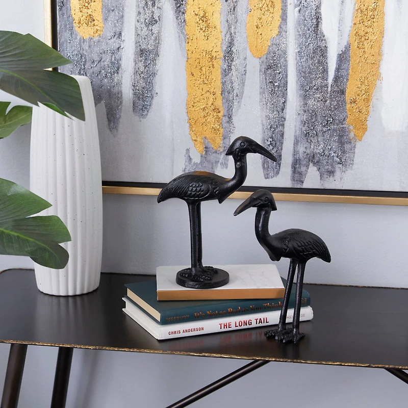 Set of 2 Black Aluminum Traditional Bird Sculpture, 7" x 9"