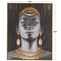 Black Canvas Woman Framed Wall Art with Gold Foil and Jewelry Accents