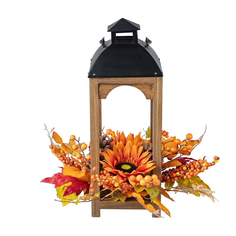 Glitzhome® 20" Fall Sunflower, Pinecone and Berry Wood Lantern Centerpiece