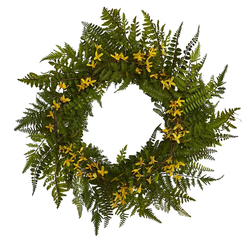 24" Mixed Fern & Forsythia Artificial Wreath