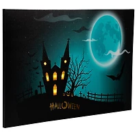 LED Lighted Eerie Church in Cemetery Halloween Canvas Wall Art