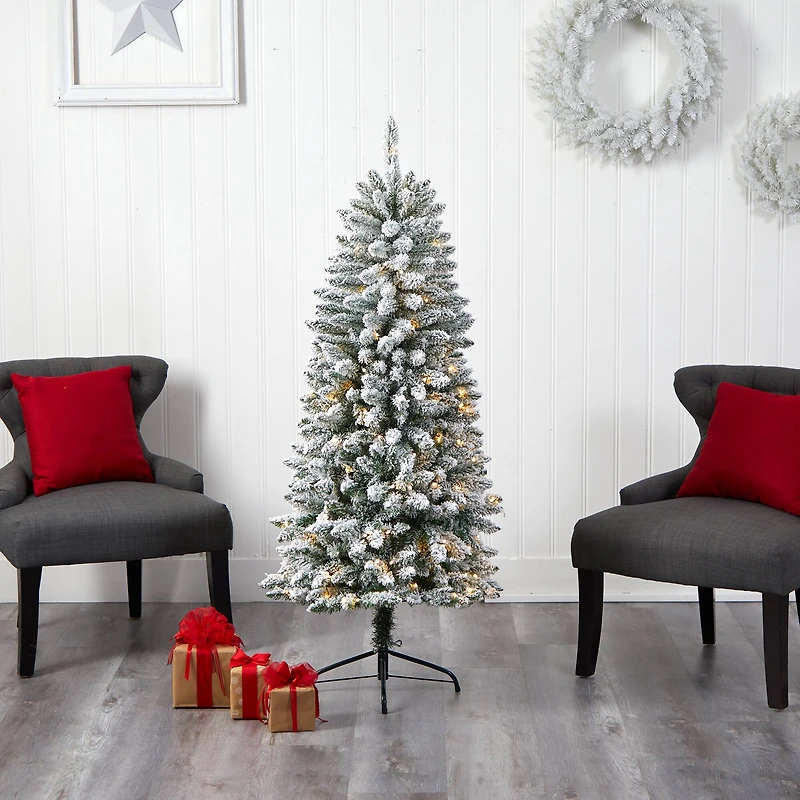 5ft. Pre-Lit Flocked Montreal Fir Artificial Christmas Tree, Warm White LED Lights