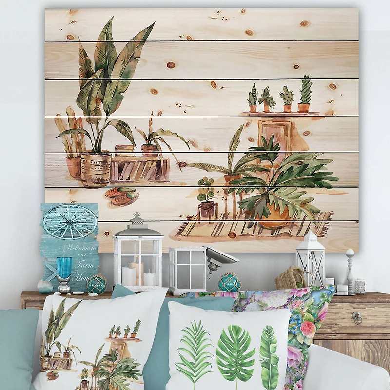 Designart - Indoor House Plants Urban Jungle III - Traditional Print on Natural Pine Wood