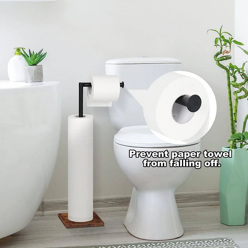 NEX™ 21" Black Freestanding Metal Toilet Paper Holder with Square Woodgrain Base