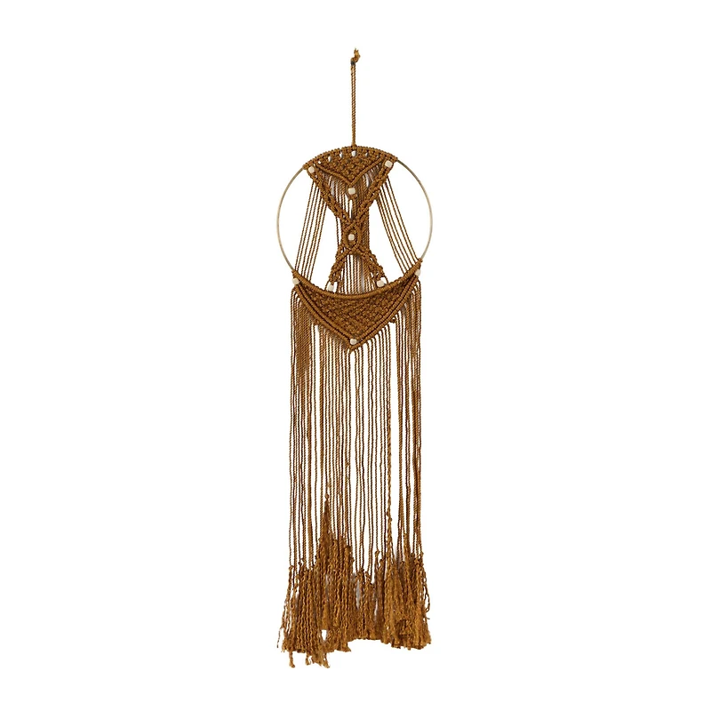 Brown Fabric Handmade Intricately Weaved Macrame Wall Decor with Beaded Fringe Tassels 10" x 0" x 39"