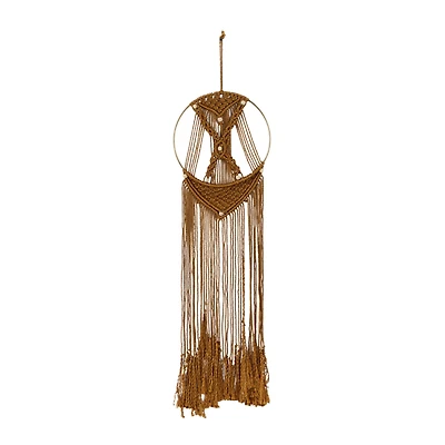 Brown Fabric Handmade Intricately Weaved Macrame Wall Decor with Beaded Fringe Tassels 10" x 0" x 39"