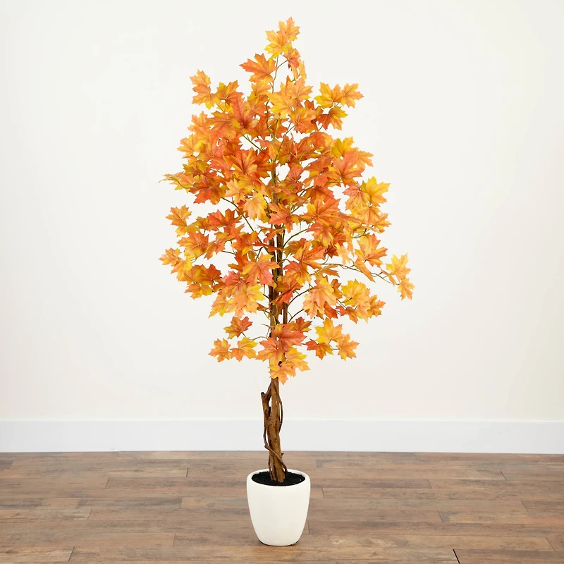 5ft. Artificial Fall Double Trunk Maple Autumn Tree in Decorative White Planter