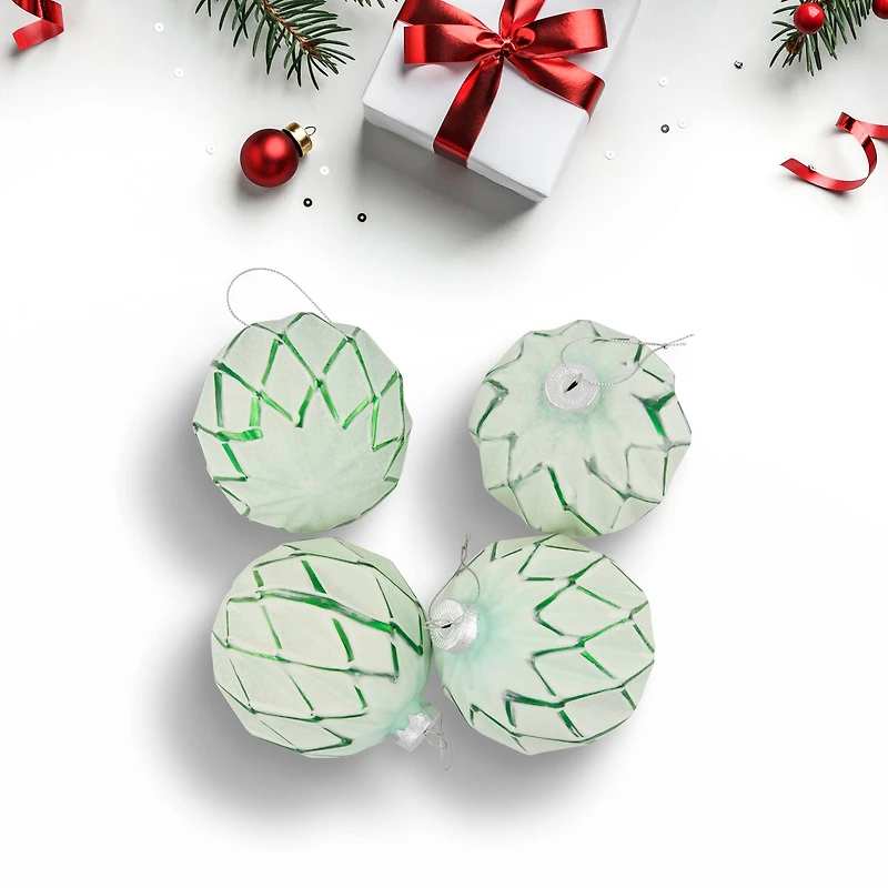 Harlequin Christmas Glass Ball Ornaments - 4" (100mm) - Mint Green - 4ct