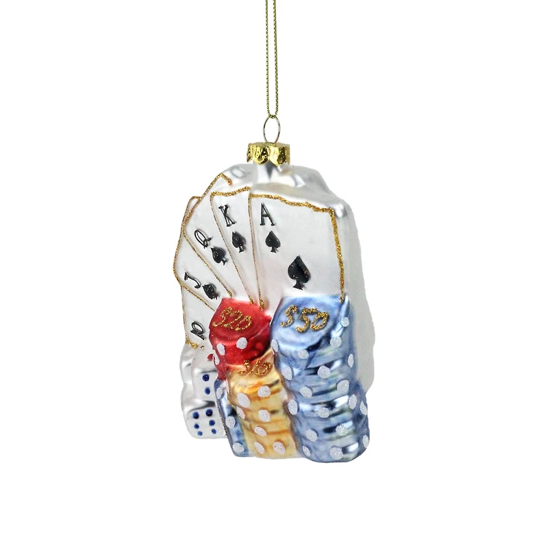 4" Silver & Blue Poker Playing Cards with Dice & Chips Christmas Ornament