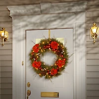 24" Decorative Collection Hydrangea Wreath with Cones, Red Berries & 50ct. Soft White Battery Operated LED Lights with Timer