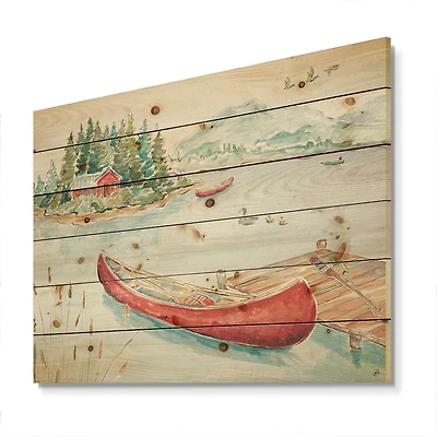 Designart - Lake House Canoes II - Lake House Print on Natural Pine Wood