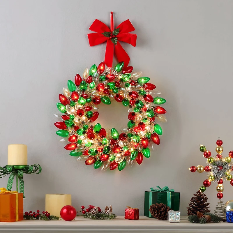 17" Retro Red & Green LED C9 Bulb Wreath
