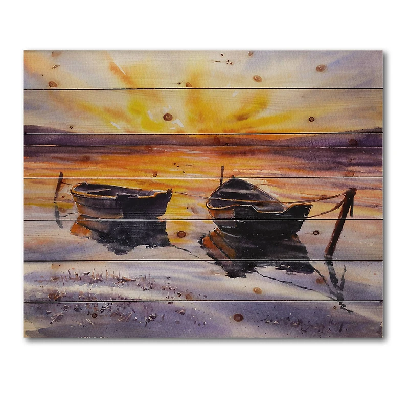 Designart - Sunset and Two Small Boats Parking On The Shore