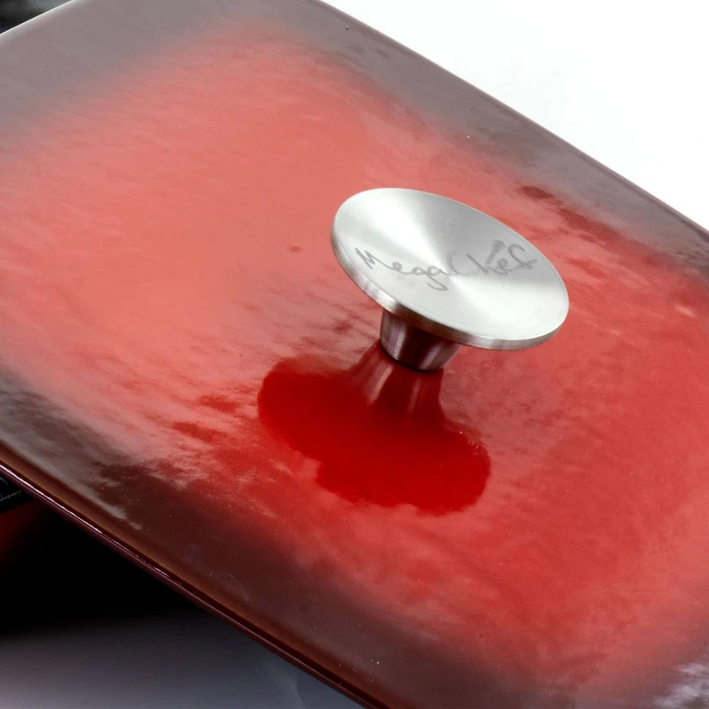 MegaChef 11" Square Red Enamel Cast Iron Grill Pan with Matching Grill Press