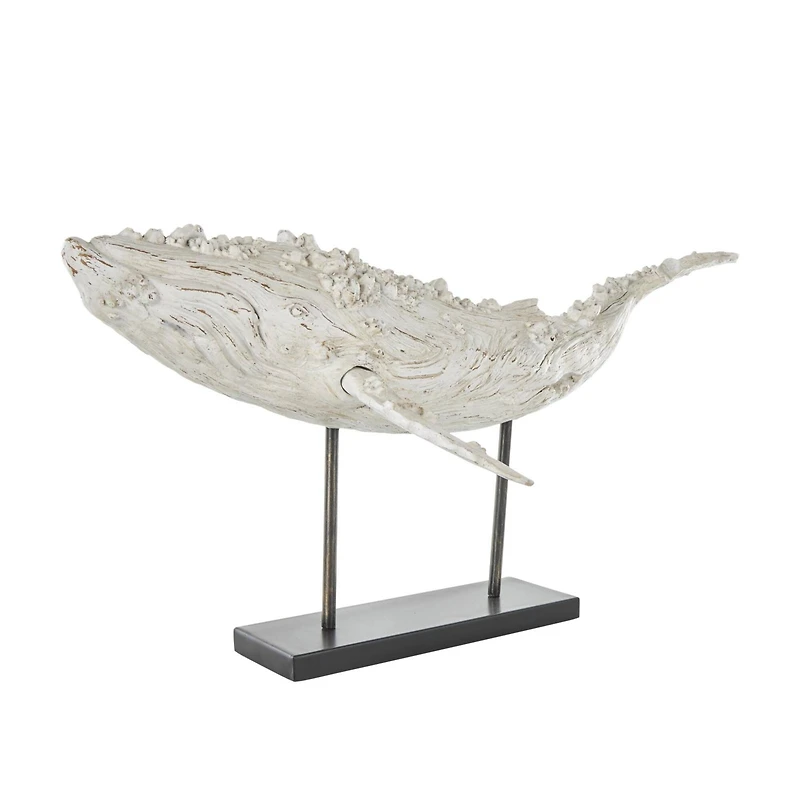 32" Cream Polystone Whale Sculpture with Brown Distressing & Black Metal Stand