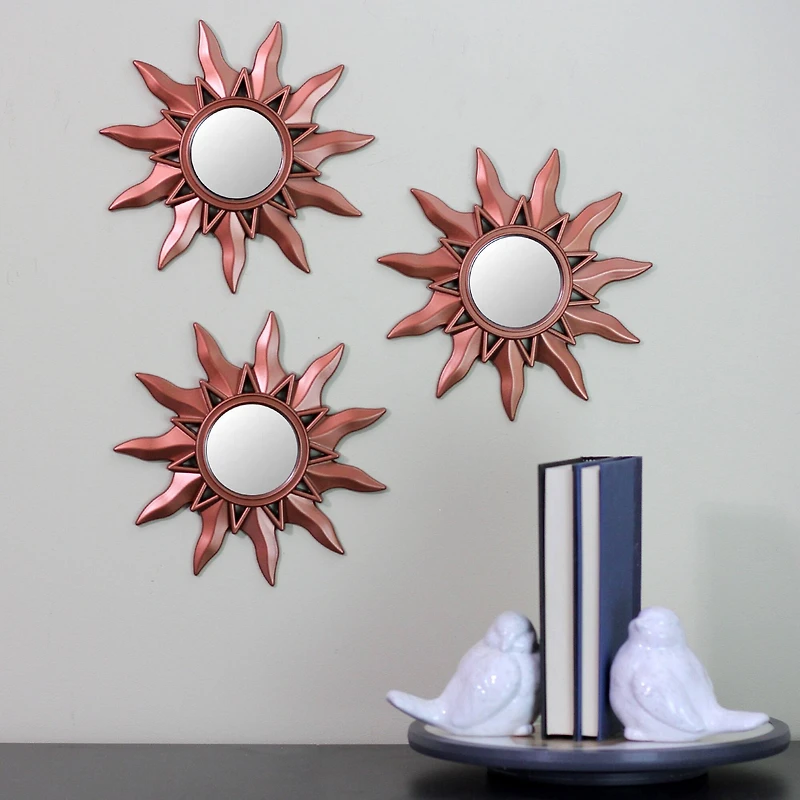 9.5" Mayan Sunburst Matte Copper Round Mini Mirror Set