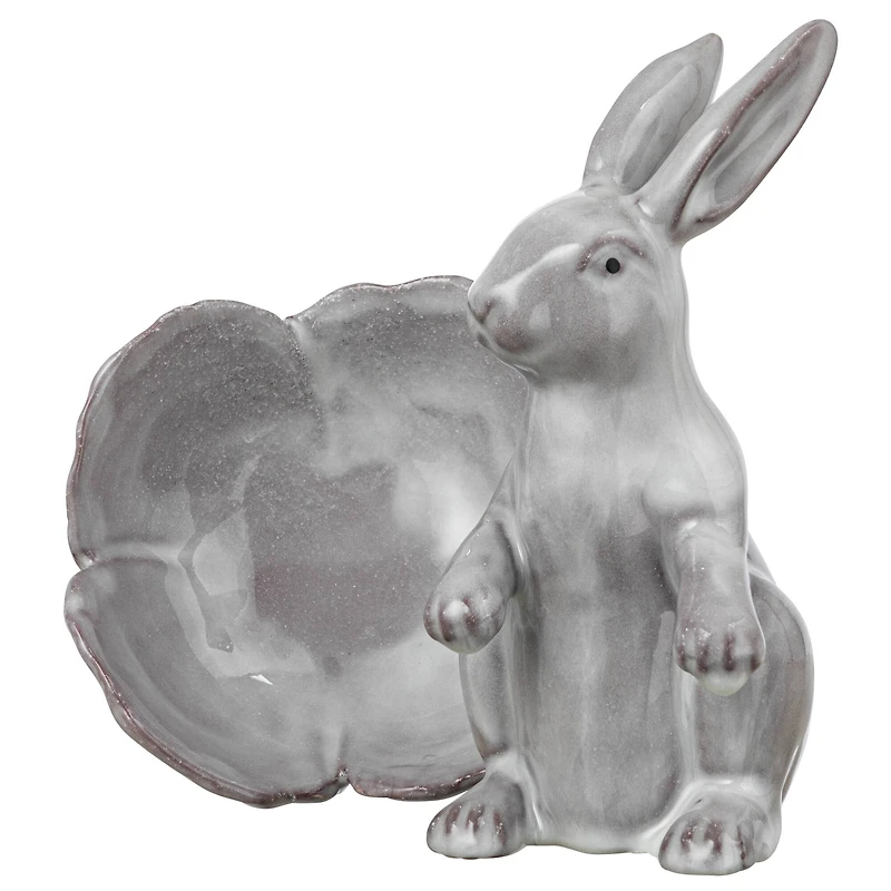Hello Honey® 8" White Stoneware Rabbit Figurine with Flower Shaped Bowl