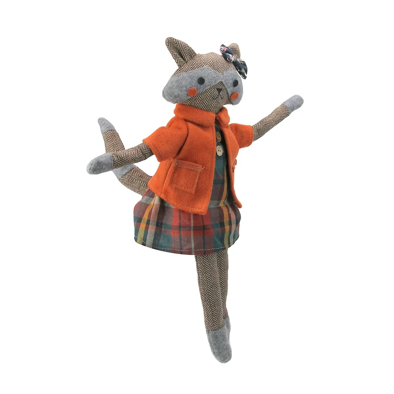 Sitting Herringbone Designed Fox Girl with Plaid Dress - 17" - Brown and Orange