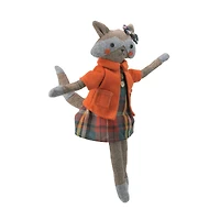 Sitting Herringbone Designed Fox Girl with Plaid Dress - 17" - Brown and Orange
