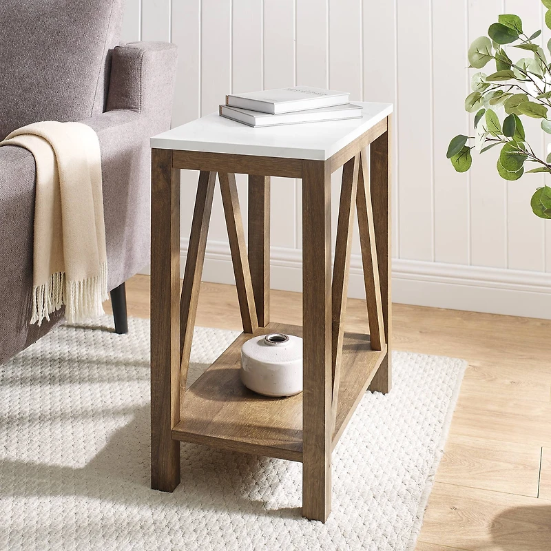 Walker Edison Faux White Marble & Natural Walnut A-Frame Side Table