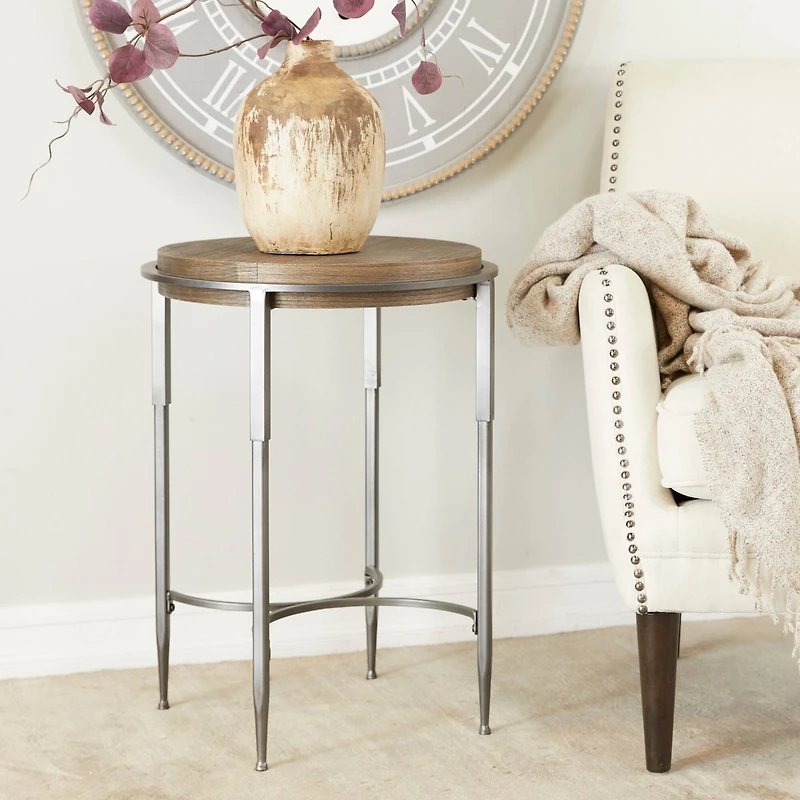 25" Dark Brown Metal Industrial Accent Table
