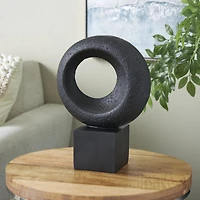 14.25" Black Polystone Geometric Textured Cutout Ring Sculpture with Block Base
