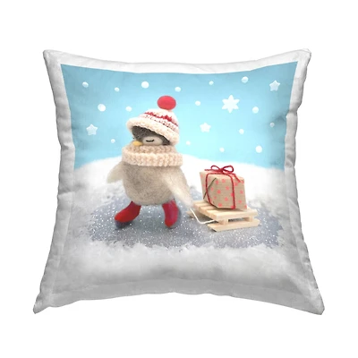Stupell Industries Snowy Penguin Holiday Sled with Gift Throw Pillow