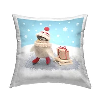Stupell Industries Snowy Penguin Holiday Sled with Gift Throw Pillow
