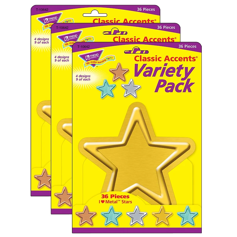 Trend Enterprises® I Heart Metal Stars Classic Accents® Variety Pack, 3 Packs of 36