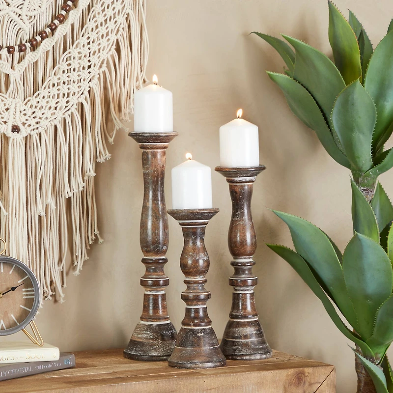 Dark Brown Wood Candle Holder Set