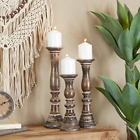 Dark Brown Wood Candle Holder Set