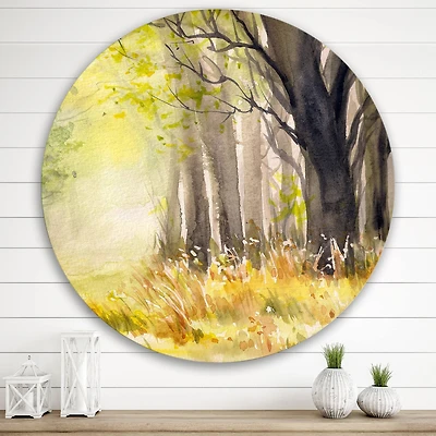 Designart - Bright Sunshine Through The Forest Trees II - Traditional Metal Circle Wall Art