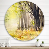 Designart - Bright Sunshine Through The Forest Trees II - Traditional Metal Circle Wall Art