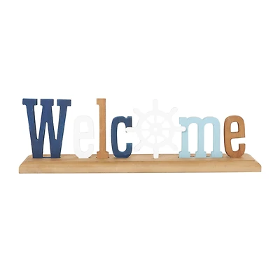 15.75" Multicolored Wooden Ship Wheel Welcome Decorative Sign with Blue & Brown Accents