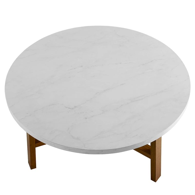 Faux White Marble & Acorn Mid-Century Modern Round Coffee Table
