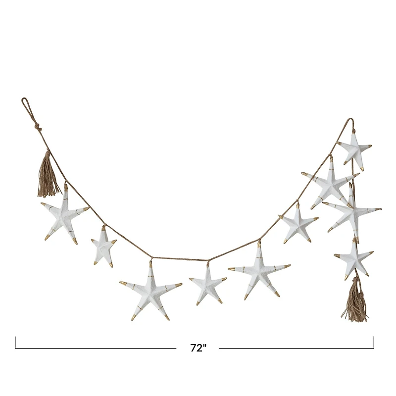 Hello Honey® 6ft. White Hand-Painted Recycled Paper Mache Stars with Gold Foil & Tassels Garland