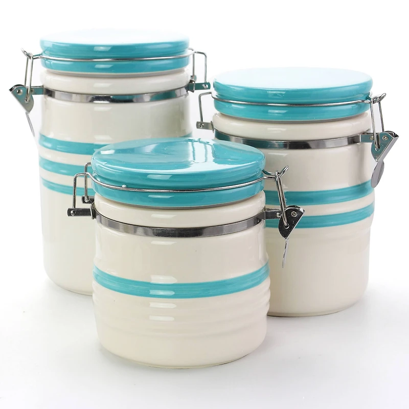 Gibson General Store Hollydale 3 Piece Canister Set in White & Teal Band